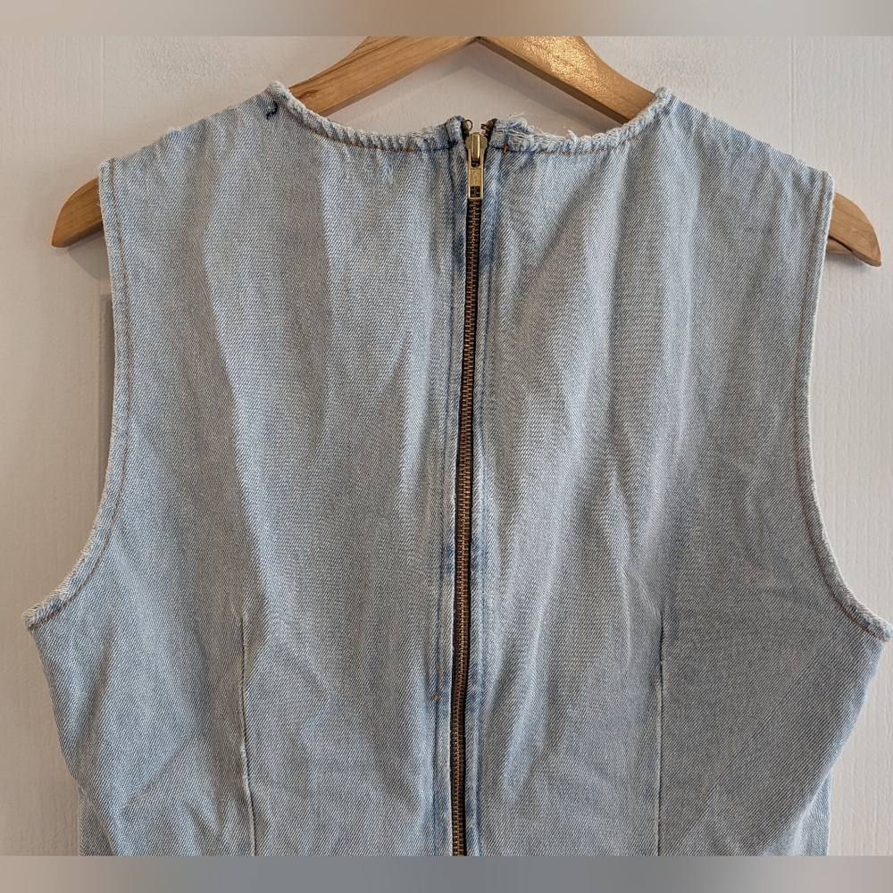 Lioness Sculpted Denim Mini Dress Light Denim Distressed Buckle Edgy Size XL - Picture 10 of 14